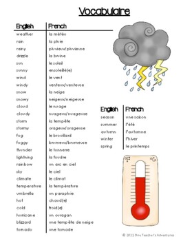 La Météo - French Weather Vocabulary Activities and Quiz (Grade 4-7)
