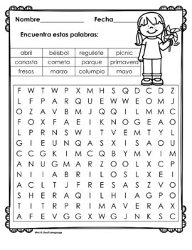 La Primavera Spring Vocabulary Cards, Writing Center, Word Wall in Spanish