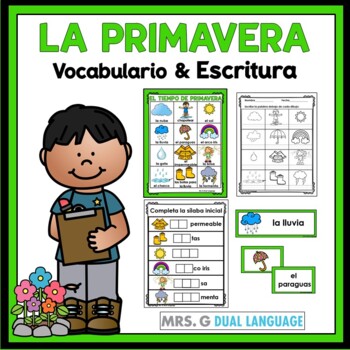 Preview of La Primavera  Spring Vocabulary Cards, Writing Center, Word Wall in Spanish