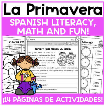 Preview of La Primavera Spring Worksheets in Spanish Reading Comprehension Math and Fun
