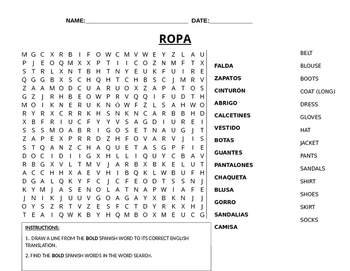 Preview of La Ropa word search