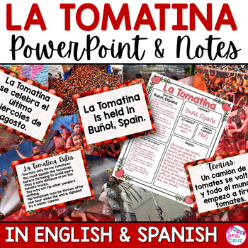 Preview of La Tomatina PowerPoint Reading Activities and Notes in English and Spanish