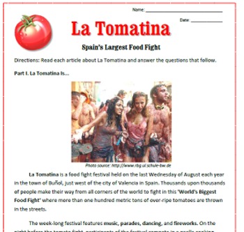 Preview of La Tomatina: Reading, Activities & Substitute Plan for Spanish Class