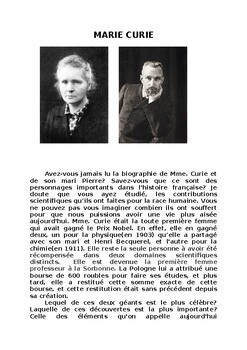 Preview of La biographie de Mme. Curie (en français).....La reconstruction du texte.