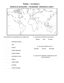 les continents du monde carte La carte du monde, les continents et océans (World map in French)