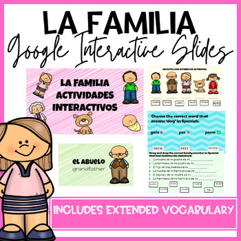 Preview of La familia Google Slides Lesson + Interactive Activities (Extended Vocab)