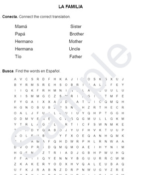 Preview of La familia worksheet with word search and family tree