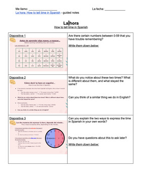Preview of La hora: How to tell time in Spanish - guided notes - practice - Spanish 1, 2