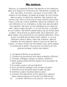 Preview of La maison - Text + Reading Comprehension Questions