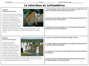 Preview of La naturaleza Nature Worksheet for Spanish 2 or 3 EDITABLE GOOGLE DOC version