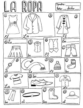 La ropa Spanish clothing vocabulary chart poster no printable