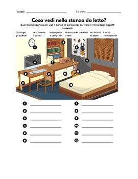 Preview of La stanza da letto (Bedroom) color worksheets with answer keys