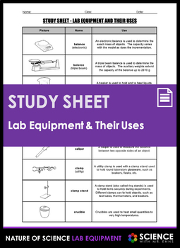 Preview of Lab Equipment Names and Functions Study or Cheat Sheet for Students