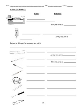 Lab Equipment Student Answer Sheet by Taryn Shelton | TPT