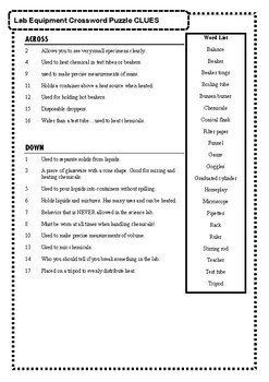 Lab Equipment Vocabulary Crossword Puzzle by The Neals TPT
