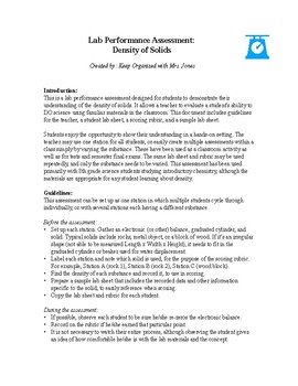 Preview of Lab Performance Assessment and Rubric: Density of Solids