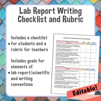 Preview of Lab Report and Scientific Writing Student Checklist & Teacher Rubric *Editable*