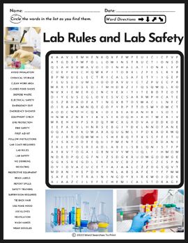 Lab Rules and Lab Safety Word Search Puzzle by Word Searches To Print