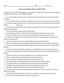 Lab Safety - True or False Worksheet by New Education Creation | TPT
