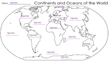 Preview of Label Continents and Oceans of the World (Type able)