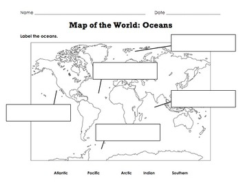 Label Map of the World: Continents Oceans Mountain Ranges by