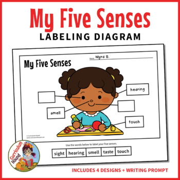 Preview of My Five Senses Labeling Diagram Worksheet - 4 Designs + Drawing & Writing Prompt
