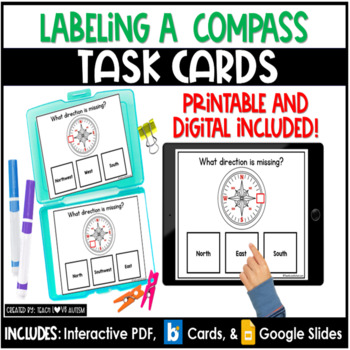 Preview of Label a Compass | Geography | Social Studies Task Cards | Boom Cards