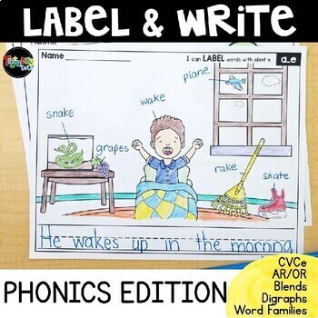 Preview of Labeling Pictures : PHONICS Worksheets Writing Paper Coloring Pages Kindergarten