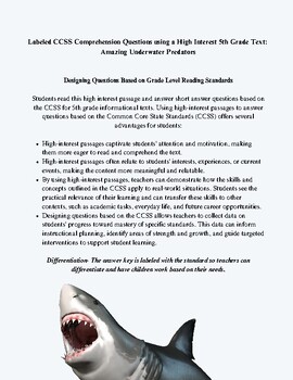 Preview of Labeled CCSS Comprehension Questions using a High Interest 5th Grade Text_Sharks