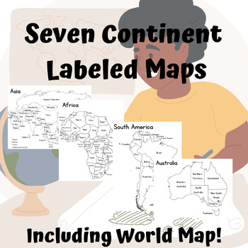 Preview of Labeled Worksheets of the Seven Continents (includes the World Map)