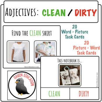 Preview of Labeling Adjectives: CLEAN / DIRTY (Word-Picture & Picture-Word Task Cards)