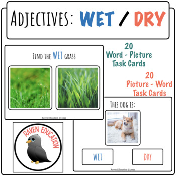 Preview of Labeling Adjectives: WET / DRY (Word-Picture + Picture-Word Task Cards)