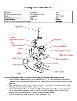 Labeling Parts of a Microscope Worksheet/Quiz and Answer Key by To
