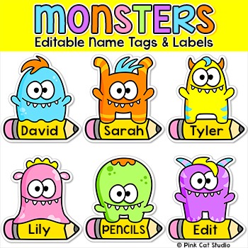 Preview of Monster Theme Editable Name Tags & Classroom Labels