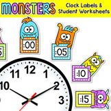 Monster Theme Classroom Clock Labels & Telling Time Worksheets