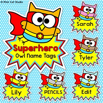 owl superhero theme name tags editable classroom labels