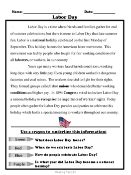 Preview of Labor Day Reading Passage and Activities Gr. 2-3