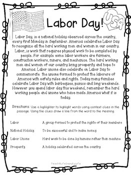 Preview of Labor Day Social Studies Holiday America USA union