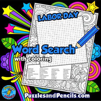 Preview of Labor Day Word Search Puzzle Activity Page with Coloring | Holiday