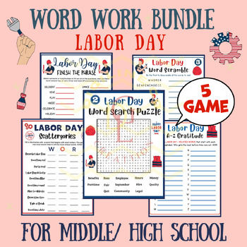 Preview of Labor Day word work BUNDLE phonics centers word scramble main idea middle 9th