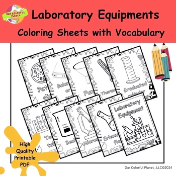 Preview of Lab Equipment Coloring Sheets with Vocabulary, Printable coloring sheets.