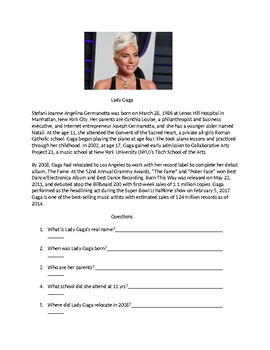 Preview of Lady Gaga Comprehension and question worksheets