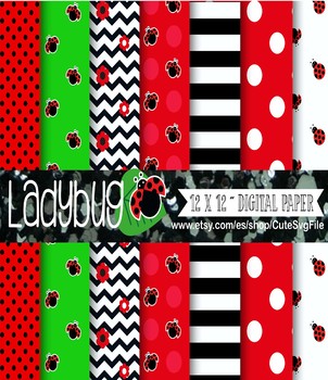 Preview of Ladybug Scrapbooking Paper, Baby Girl's Clipart Set, ladybug vector graphics