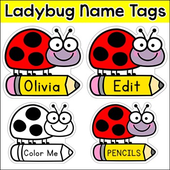 Ladybug Name Tags & Labels - Ladybird Theme Decor by Pink Cat Studio