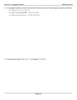 Preview of Lagrange Multipliers Worksheet
