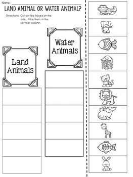 Land Animal or Water Animal? Cut and Paste Sorting Activity by JH