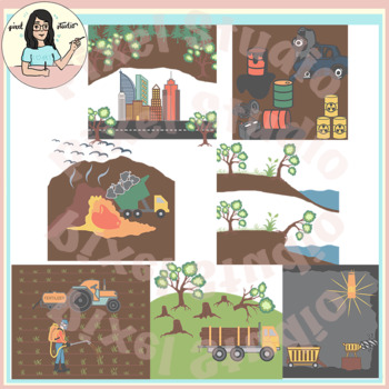 Preview of Land Pollution Sources Clip Art, Deforestation, Erosion, Mining, Waste etc.