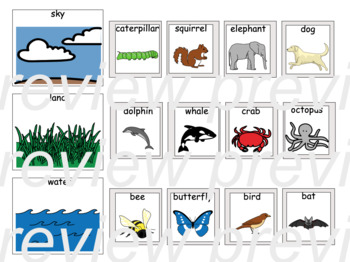 Preview of Land, Water, and Sky Animals Sort