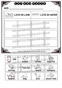 Land and Water Animals Sorting Worksheets | Cut and Paste by Busy Bee