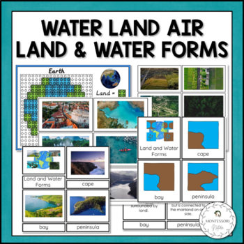 Preview of Land and Water Forms 3 Part Cards Playdough Mats Land Air Water Sort Montessori